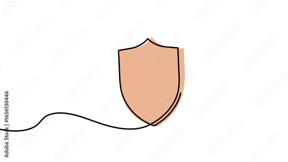 Poster animation of a single line drawing of a shield, which is colored in beige. continuous contour moveme