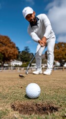 Captivating moment of a man practicing his putting technique on a lush green lawn, demonstrating concentration and mastery.