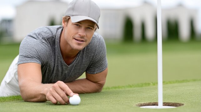 Captivating moment of a man practicing his putting technique on a lush green lawn, demonstrating concentration and mastery
