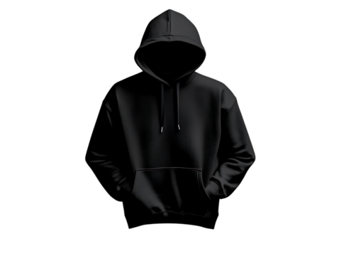 Mysterious figure wearing a dark hooded sweatshirt with face obscured by shadow isolated on transparent background