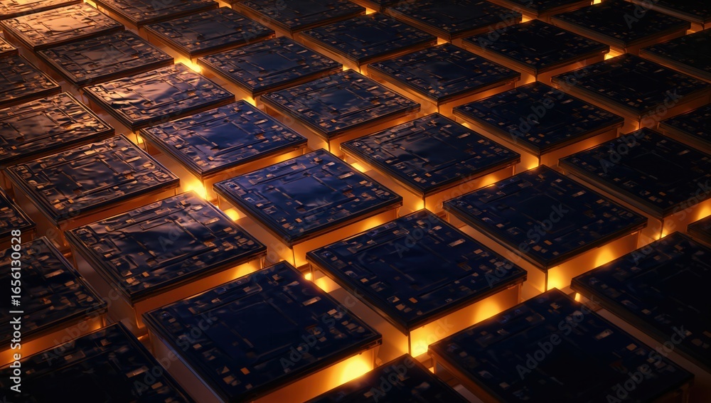 Poster abstract view of illuminated microchips on a dark surface, showcasing intricate circuitry patterns