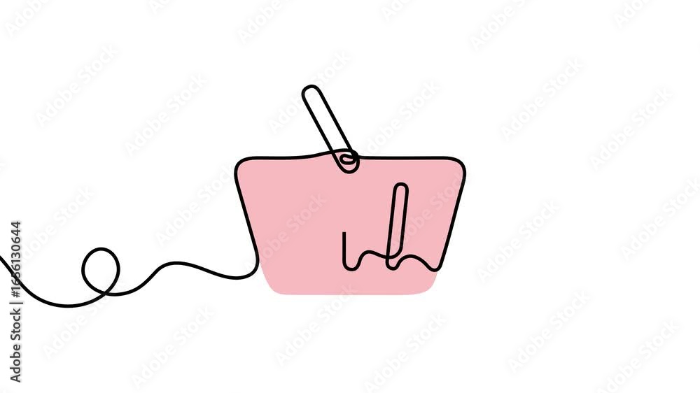 Poster animation of a single line drawing of a shopping basket, which is colored in pink. continuous contou