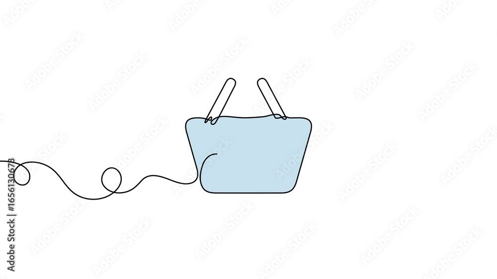 Aufkleber animation of a single line drawing of a shopping basket, which is colored in blue. continuous contou
