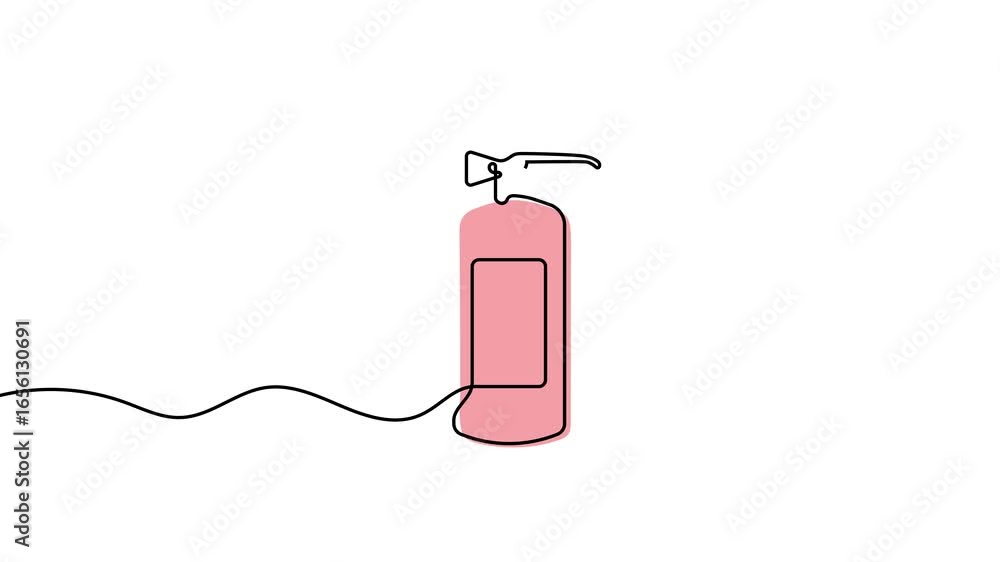 Poster animation of a single line drawing of an extinguisher, which is colored in pink. continuous contour 