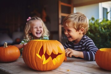 Fototapeta premium Children carving Halloween pumpkin.