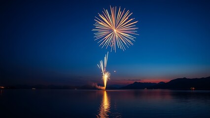 Golden fireworks bursting against a twilight sky, reflecting on a tranquil lake during National Day festivities.