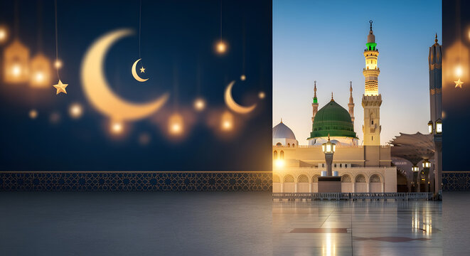 Milad un Nabi Maulid or Mawlid al Nabi islamic background banner with Madina skyline mosque festival lanterns