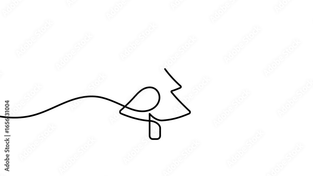 Poster animation of a single line drawing of a christmas tree. continuous contour movement of a christmas t
