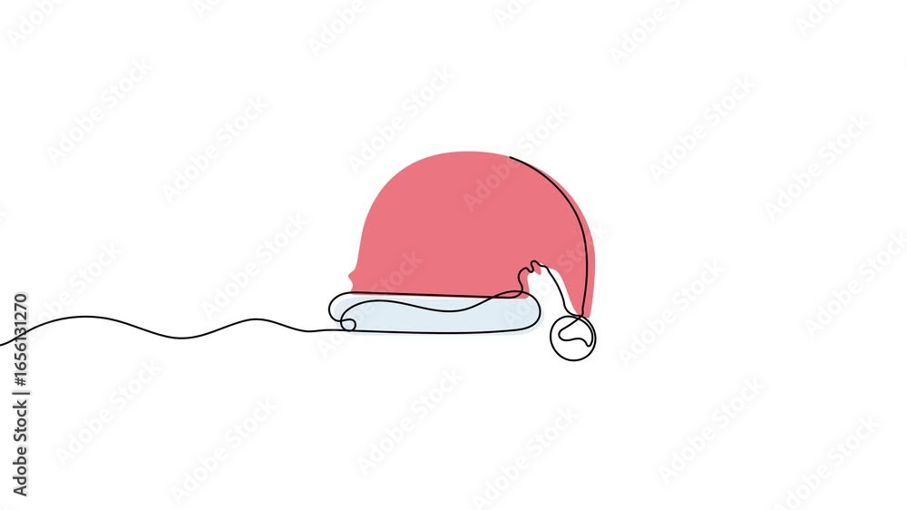 Poster animation of a single line drawing of a christmas hat with color. continuous contour movement of a c