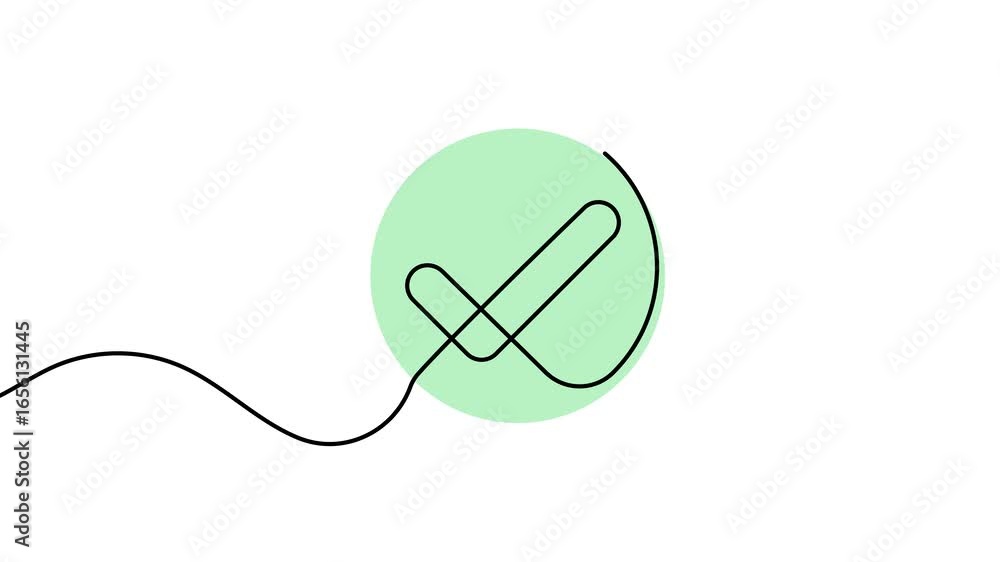 Poster animation of a single line drawing of a tick mark. continuous contour movement of a check mark in a 