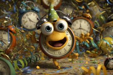 Animated clock character amidst confetti and clocks