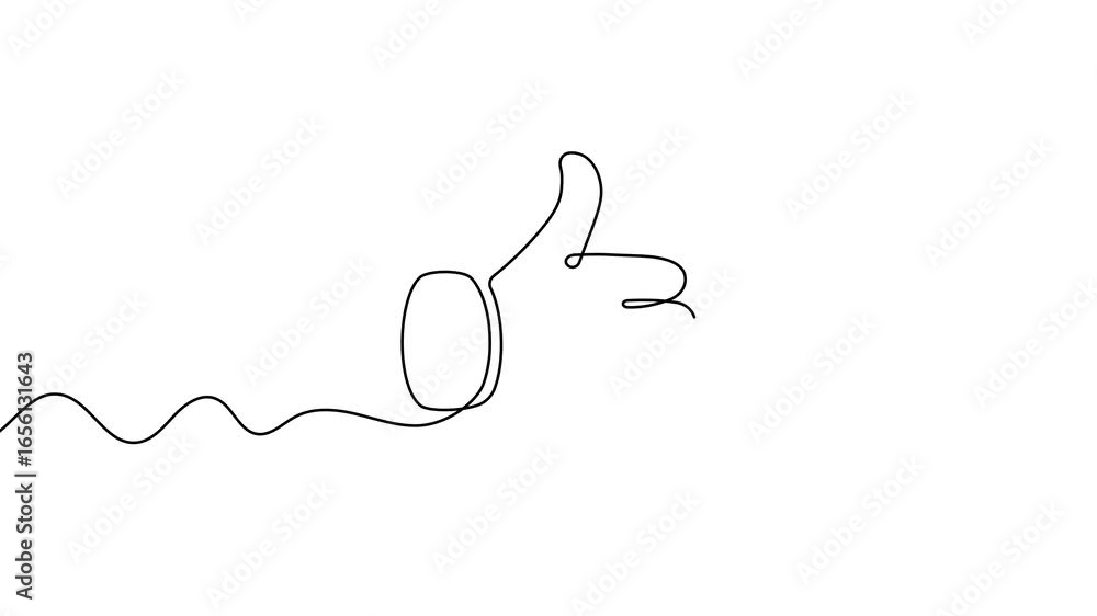Poster animation of a single line drawing of a thumbs up gesture. continuous contour movement of a thumbs u