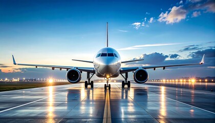 A gleaming passenger jet sits on a wet runway at dawn, bathed in the warm glow of airport lights.