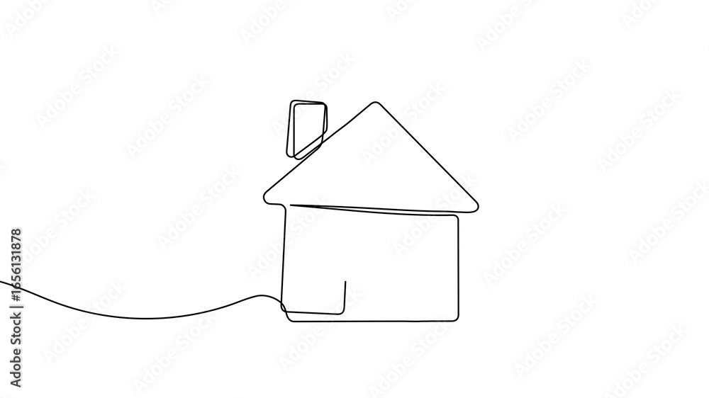 Poster animation of a single line drawing of a house. continuous contour movement of a house. continuous vi