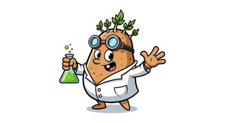 Fototapeta premium Cartoon Potato Scientist with Green Liquid.