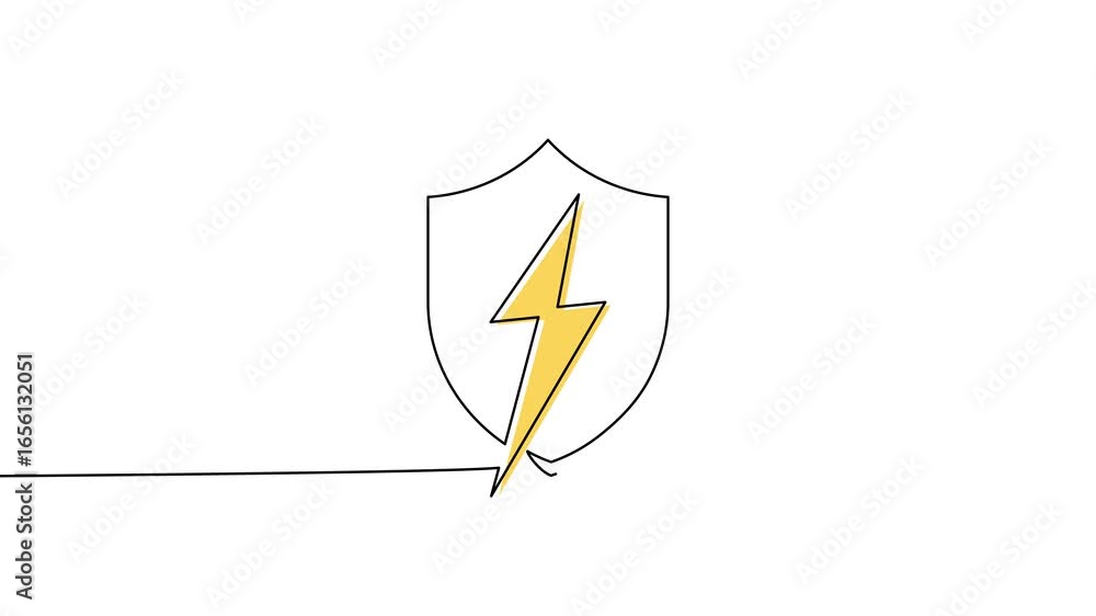 Poster animation of a single line drawing of a shield with a lightning bolt. continuous contour movement of