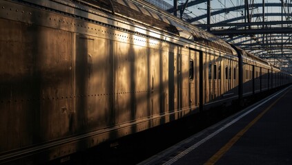 Train carriage illuminated by warm sunlight, creating shadows on the platform at sunset