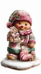 Fototapeta premium Gingerbread cookies in festive costumes – Christmas illustration set. Perfect for holiday cards, posters, wrapping paper, invitations, and seasonal digital designs..