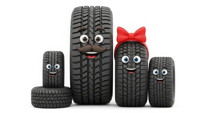 Cartoon Tire Family on White Background Illustration.