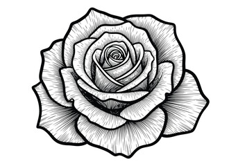 Detailed black and white sketch of a rose flower