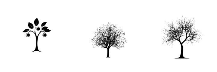 Fototapeta premium Different styles of trees illustrated in black and white on a minimalist background showcasing nature's beauty