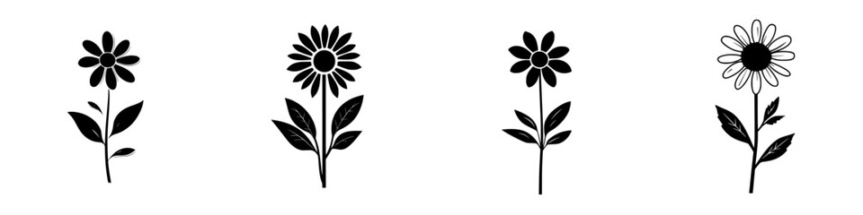 Fototapeta premium Various stylized flower illustrations in black and white showcasing different shapes and designs suitable for graphic use