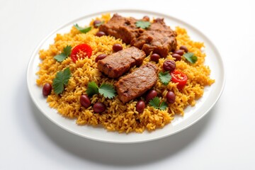 Ghanaian dish of waakye served with rice beans and meat on table