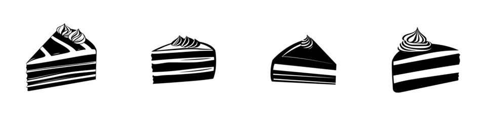 Different styles of dessert cake slices displayed on a white background in a minimalist style