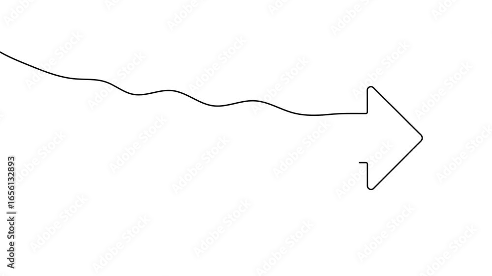 Poster animation of a single line drawing of an arrow pointing right. continuous contour movement of an arr
