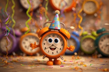 Cartoon alarm clock in party hat, surrounded by other clocks