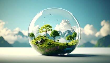 Miniature landscape within a glass sphere.