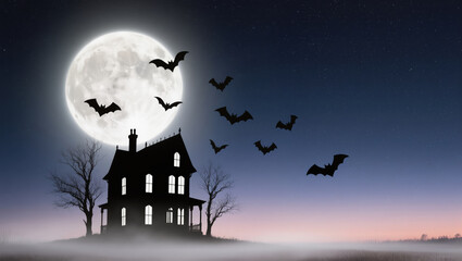 Silhouetted haunted house with full moon and flying bats in a misty night sky creates spooky Halloween atmosphere.