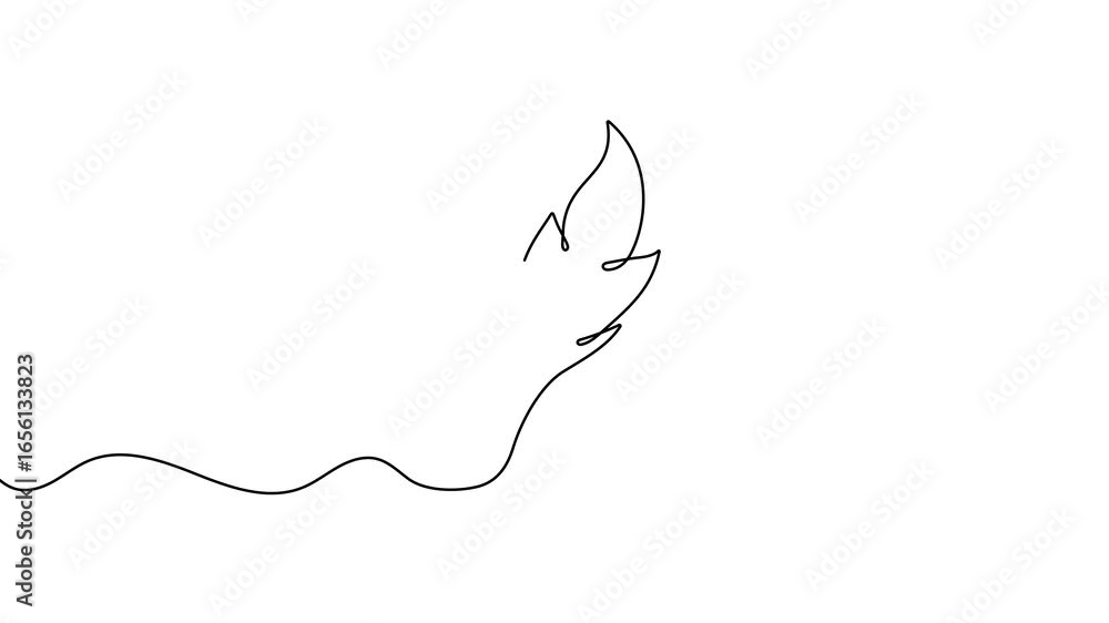 Poster animation of a single line drawing of a feather. continuous contour movement of a feather. continuou