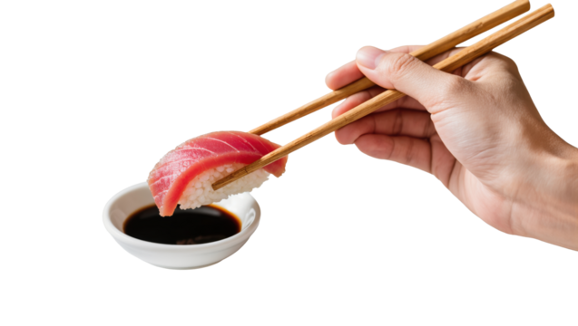 Hand holding sushi with tuna and rice using chopsticks over soy sauce bowl isolated on transparent background.