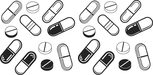 Black Line Capsules Icons Set including Flat Medicine Health Drug and Pharmaceutical Symbol Collection with Minimal Capsule Icon Group for UI Web Medical Treatment and Healthcare Design Projects