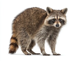 Obraz premium A raccoon with a distinctive black mask and ringed tail stands out against a plain backdrop, showcasing its detailed fur and texture that captures the wild beauty of this mammal