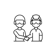 Two people in virtual reality headsets are shaking hands