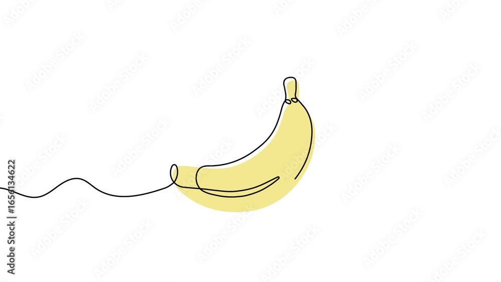 Poster animation of a single line drawing of a banana with color. continuous contour movement of a banana f
