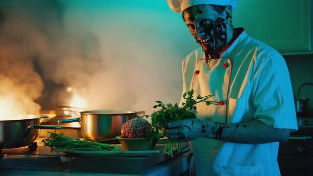 Spooky zombie chef, covered in bloody wounds, adding fresh parsley to a grotesque brain dish in a smoky kitchen, creating a chilling and bizarre atmosphere perfect for halloween