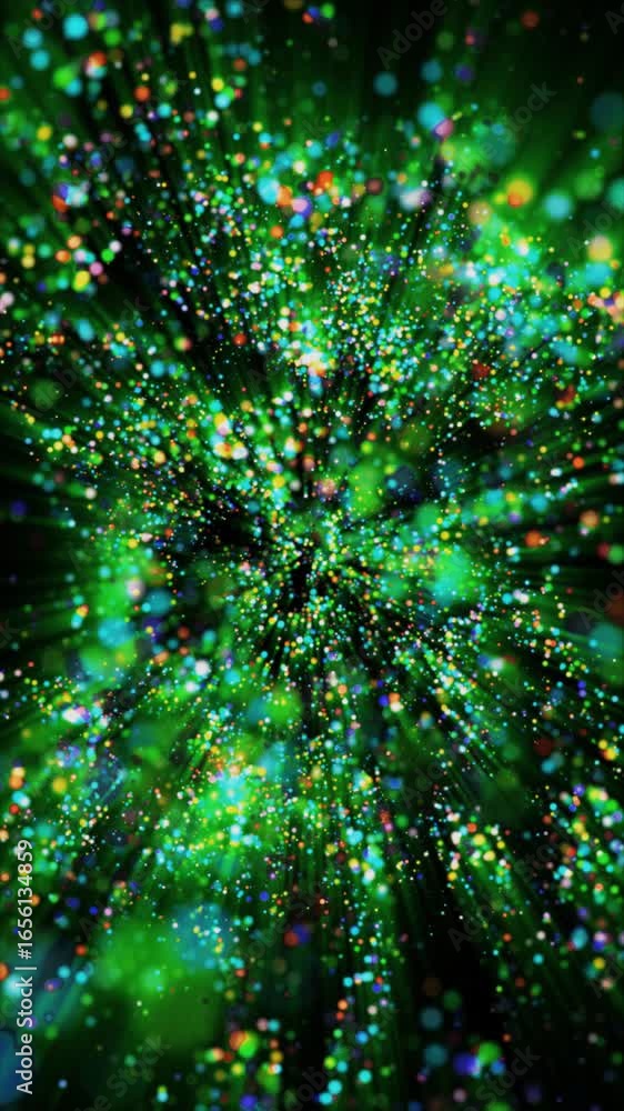 Poster colorful particles swirl through a dark background, creating an immersive and dynamic visual experie