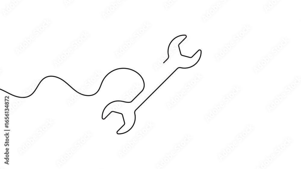 Poster animation of a single line drawing of a wrench. continuous contour movement of a wrench. continuous 