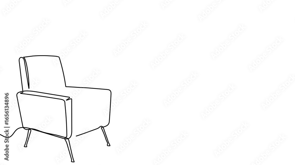 Poster animation of a single line drawing of an armchair. continuous contour movement of an armchair. conti