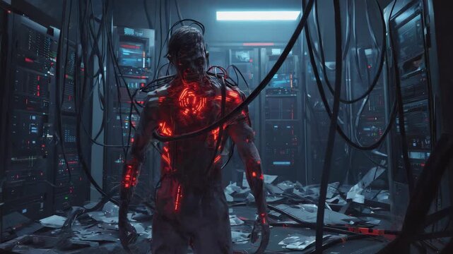 Depicting a decaying zombie cyborg amidst tangled wires and advanced server racks, illustrating themes of technological dystopia and the dangers of unchecked scientific advancement