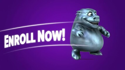 Fat Silver Animated Mascot Hopping Forward with Enroll Now Banner on Purple Background
