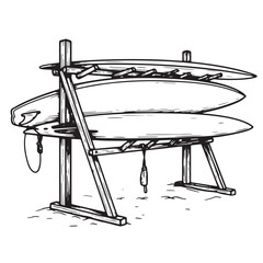 Hand drawn surfboard rack holding three surfboards on a sandy beach illustration