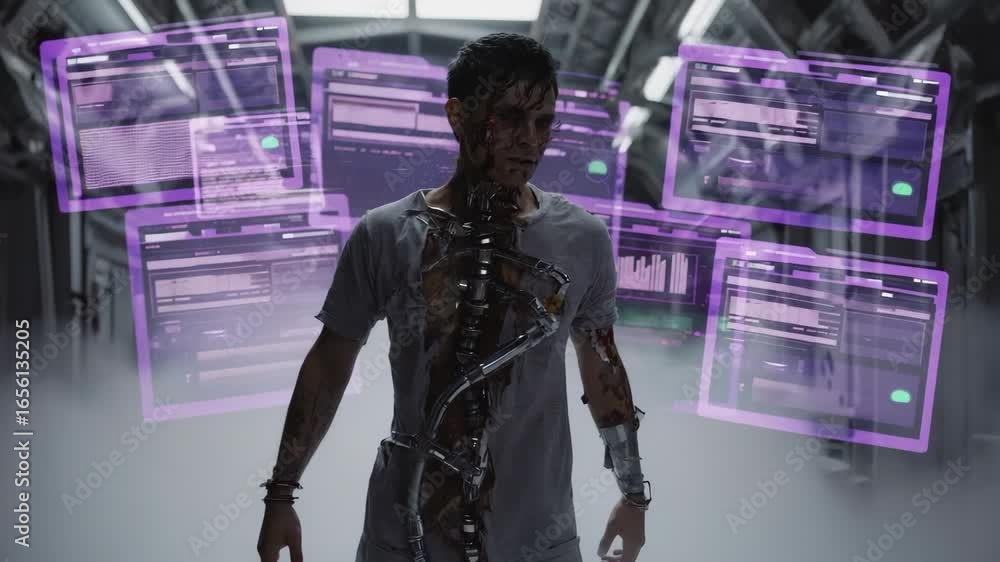 Poster futuristic cyborg with visible mechanical parts and exposed wires analyzing data on transparent purp