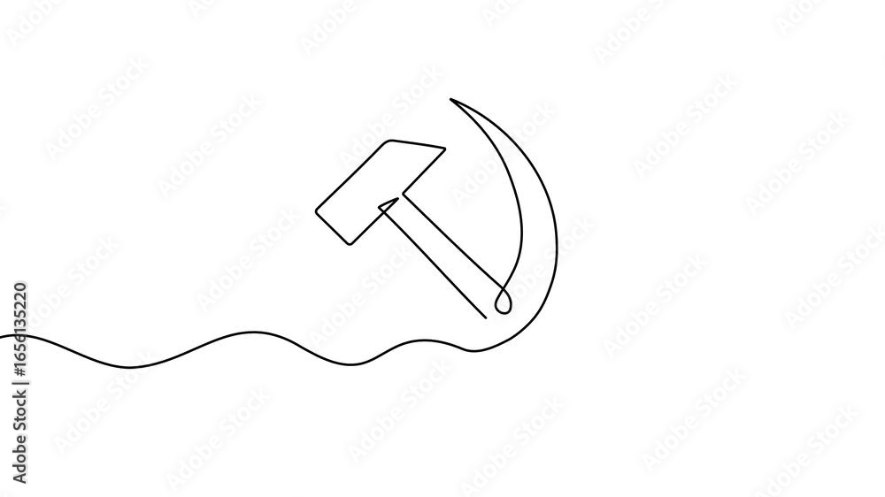 Poster animation of a single line drawing of the hammer and sickle symbol. continuous contour movement of t