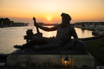 coucher de soleil, Grandes eaux, fontaine, Château de Versailles, Yvelines, 78, France