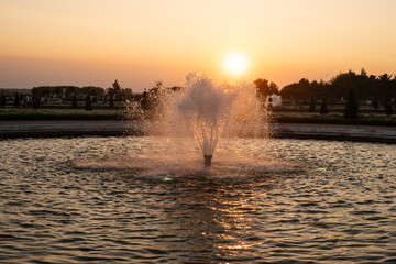 coucher de soleil, Grandes eaux, fontaine, Château de Versailles, Yvelines, 78, France