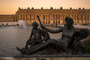 coucher de soleil, Grandes eaux, fontaine, Château de Versailles, Yvelines, 78, France